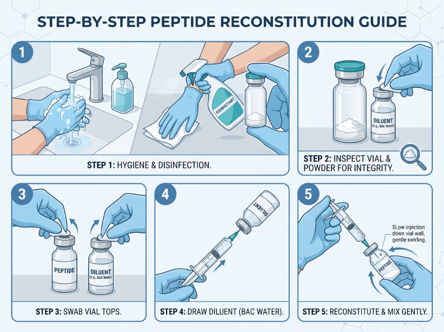 Rekonstitucija peptida korak po korak: higijena, pregled, dezinfekcija čepa, izvlačenje bakteriostatske vode, nježno miješanje